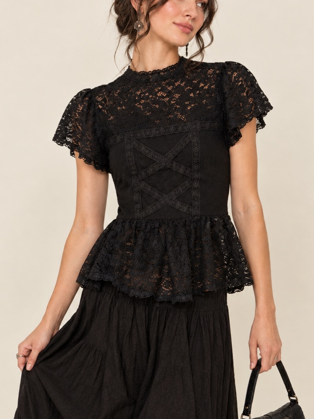 Scarlet Darkness Black Lace Peplum Short-Sleeve Top Small